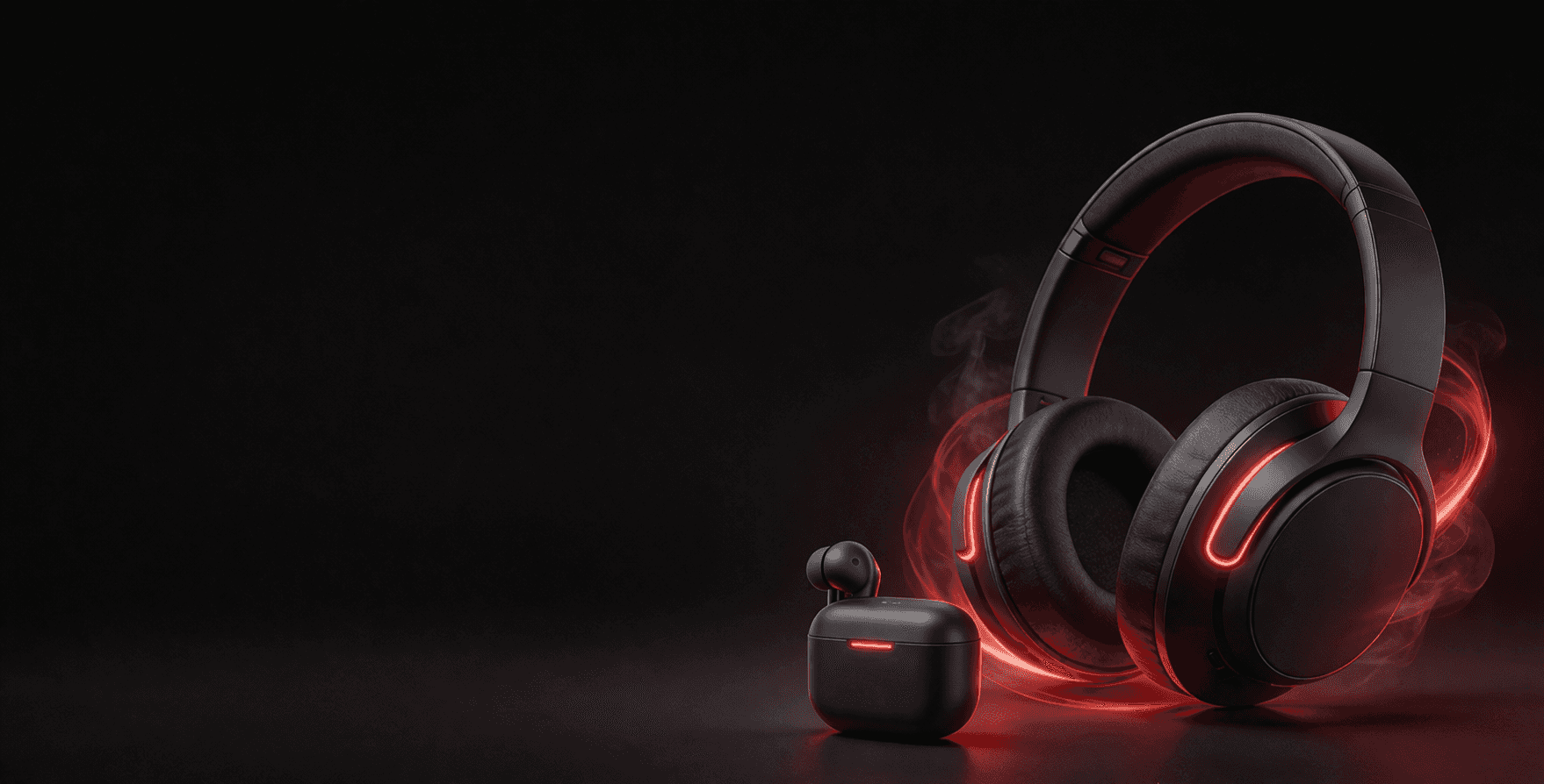 WisdomUp earbuds, speakers, power banks and chargers arranged on a dark surface
