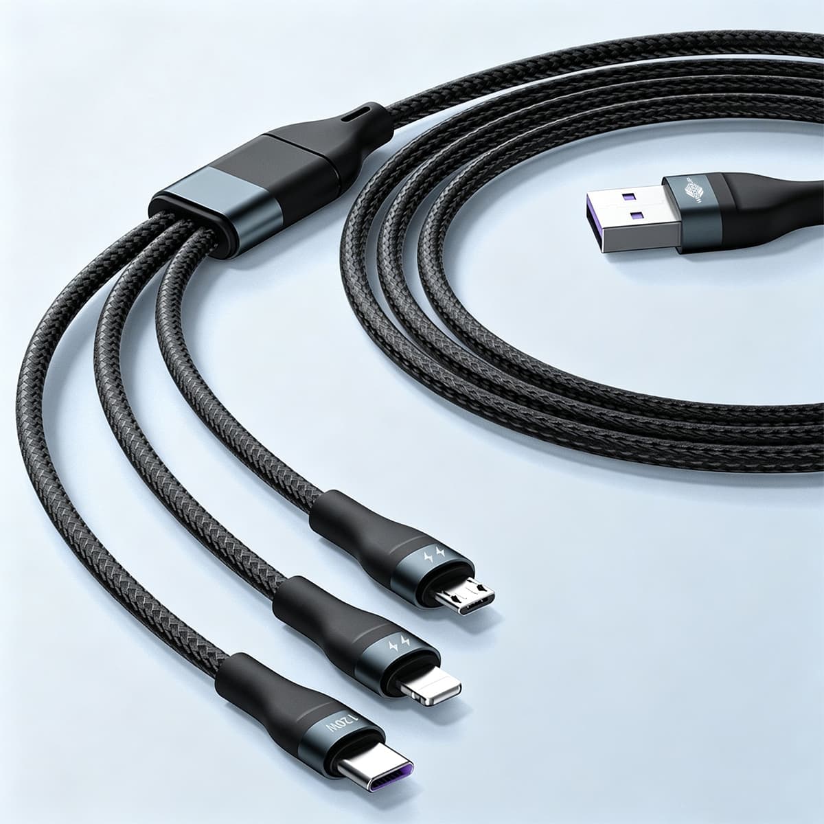 SJX-28 3-in-1 Multi USB Data Cable � Premium 3A Fast Charging Multi-Port Power Line with Durable TPE + Nylon Braided Casing (1.2-Meter)