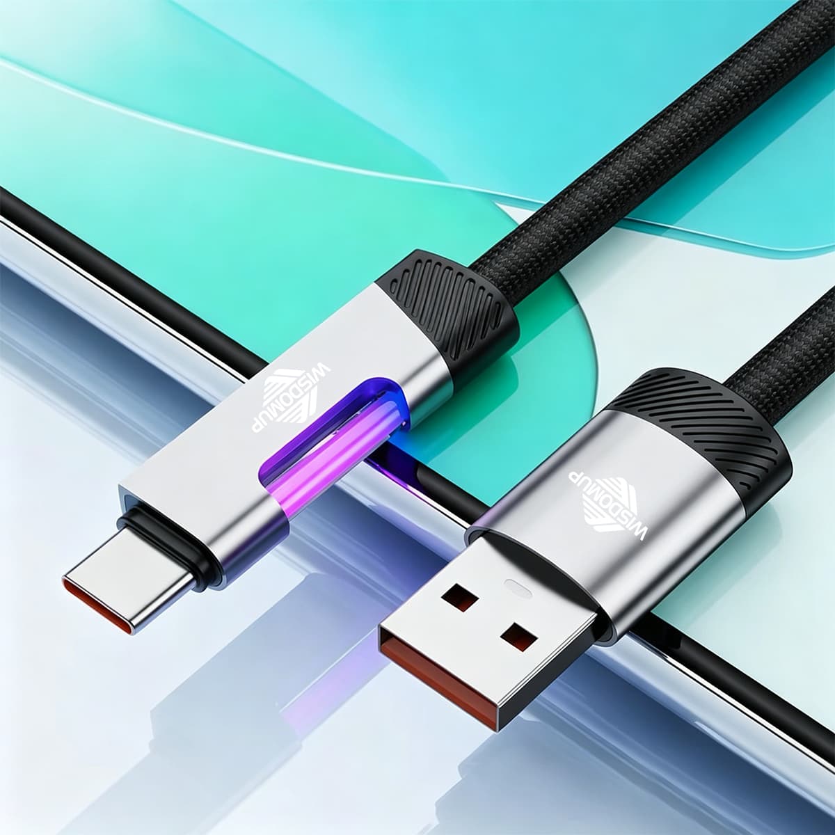 SJX-45T 100W Fully Compatible USB-A to Type-C Fast Charging Cable � 1.2-Meter Premium Nylon Braided Wire with Dynamic RGB Sidelight Indicator
