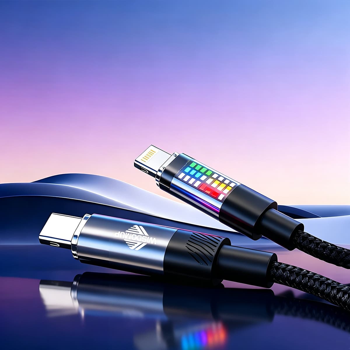 SJX-46CL 27W Power Delivery Type-C to Lightning Fast Charging Cable � 1.2-Meter Heavy-Duty Nylon Braided Wire with Creative Equalizer Beam Design LED Indicator